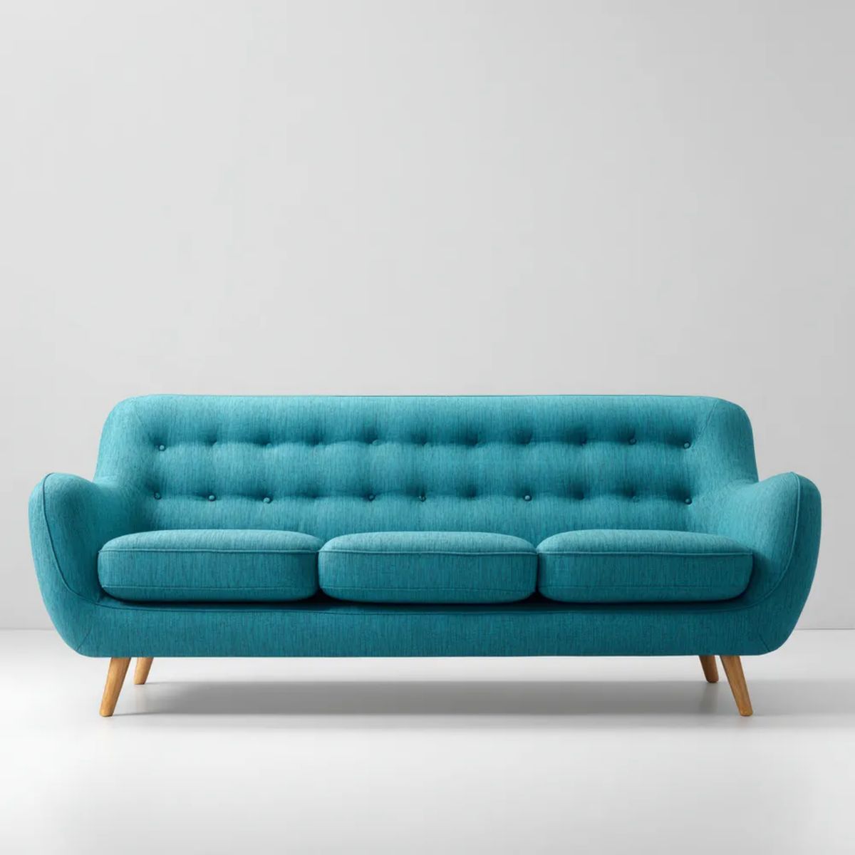Trzyosobowa sofa turkusowa z tapicerką poliestrową i drewnianymi nogami, 210 x 85 x 85 cm