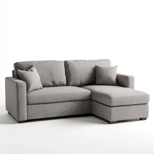 Prawostronna sofa narożna z szezlongiem, szara, tapicerowana poliestrem, 230 x 150 x 85 cm