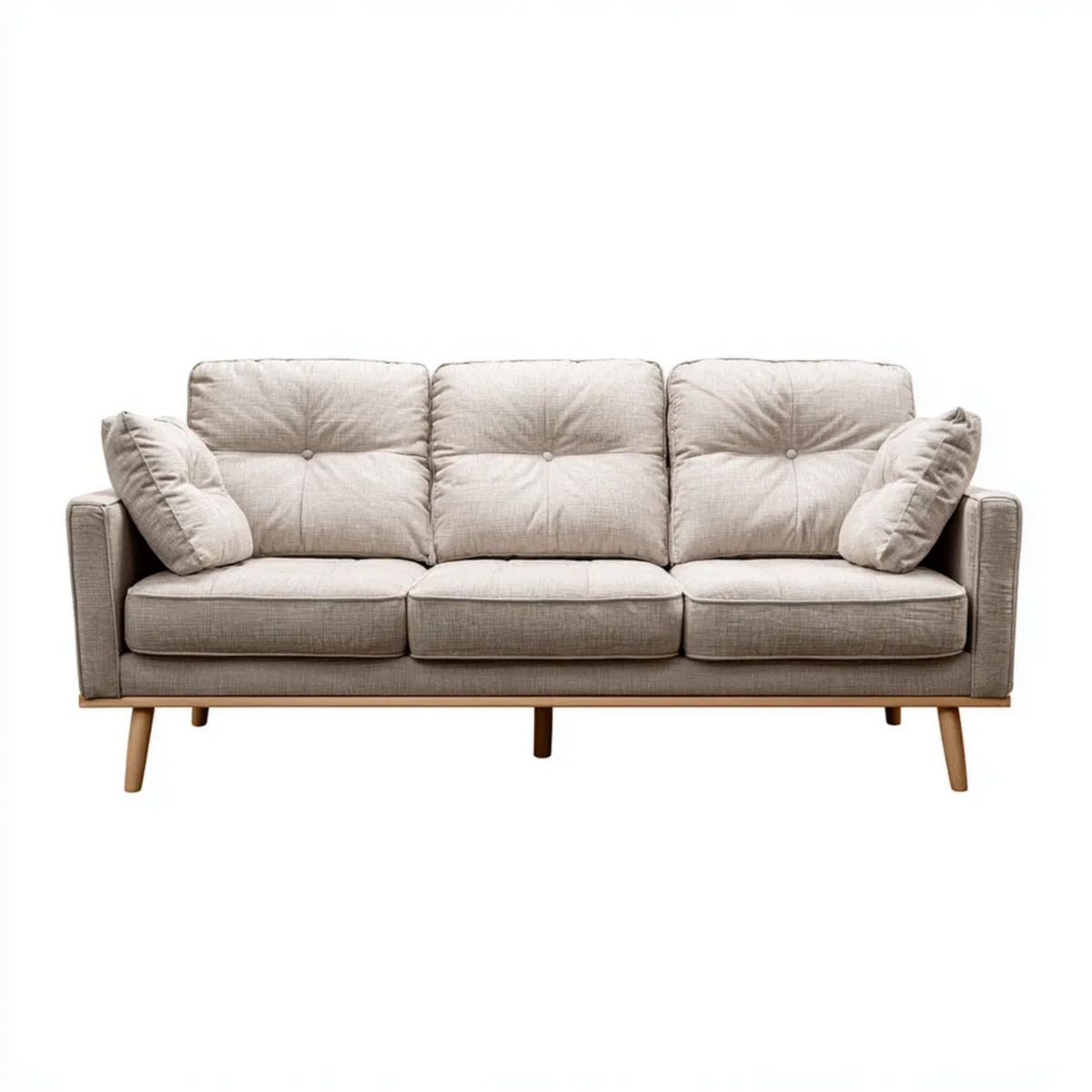 Sofa 3-osobowa beżowa z tapicerką poliestrową i drewnianymi nogami, 220 x 90 x 88 cm