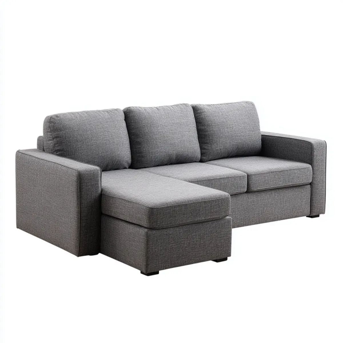 Szara sofa narożna z lewostronnym szezlongiem, tapicerowana tkaniną, 230 × 150 × 85 cm