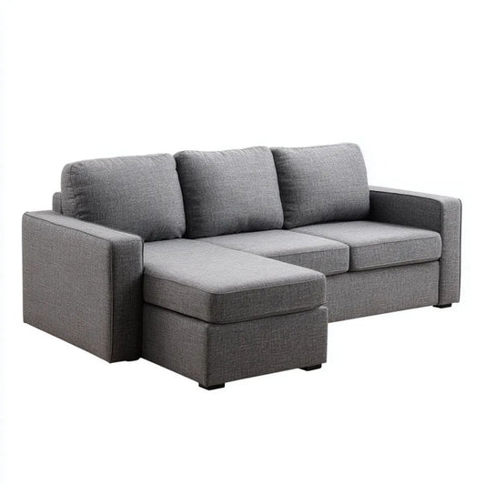 Szara sofa narożna z lewostronnym szezlongiem, tapicerowana tkaniną, 230 × 150 × 85 cm