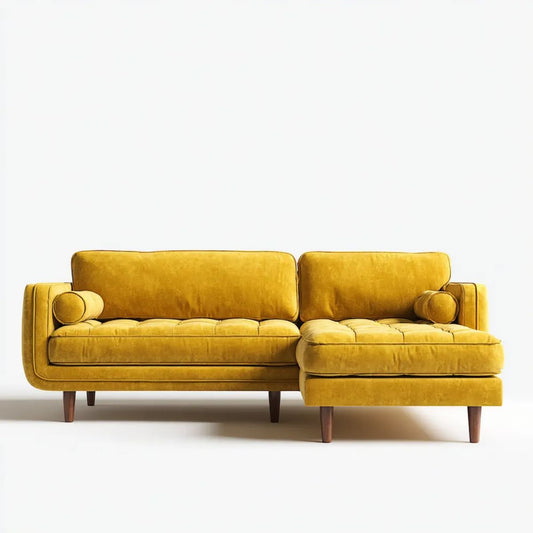 Prawostronna sofa narożna z szezlongiem z aksamitu, musztardowa, 250 x 160 x 85 cm