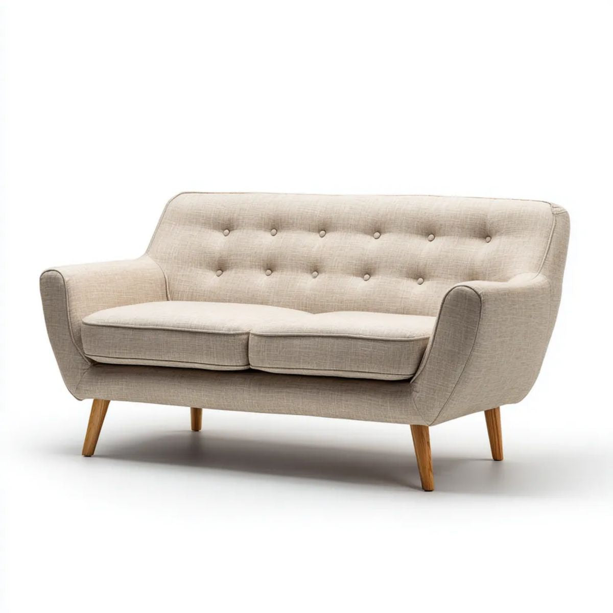 Dwuosobowa sofa beżowa z tapicerką poliestrową i drewnianymi nogami 150 x 83 x 86 cm