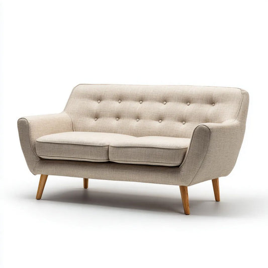Dwuosobowa sofa beżowa z tapicerką poliestrową i drewnianymi nogami 150 x 83 x 86 cm