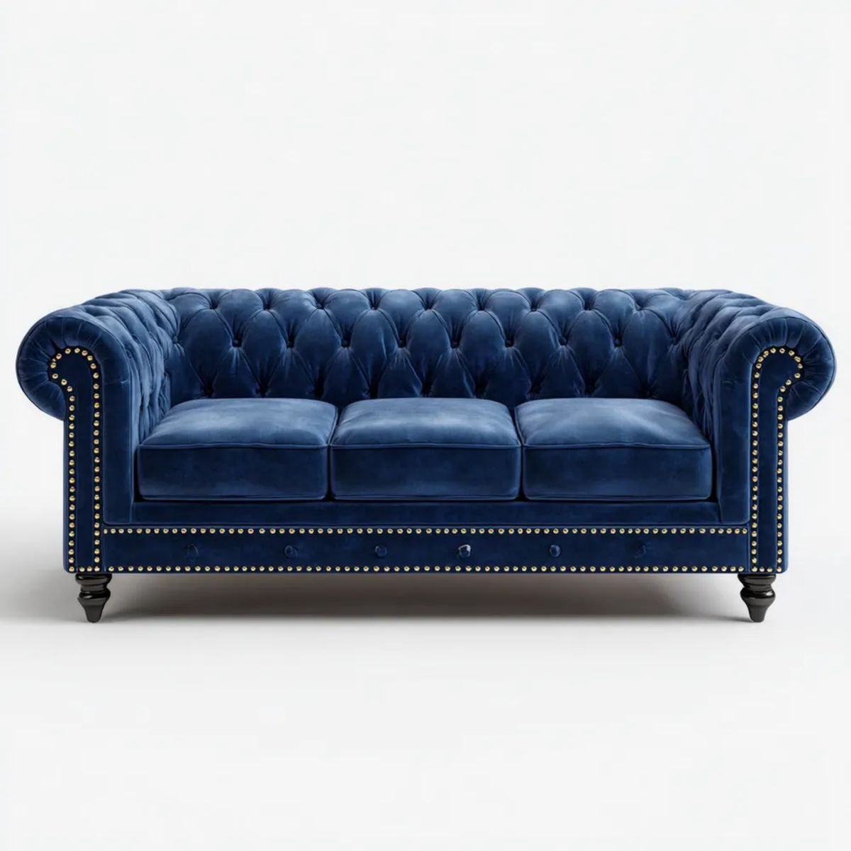 Trzyosobowa sofa Chesterfield z aksamitu, granatowa, 210 x 90 x 78 cm
