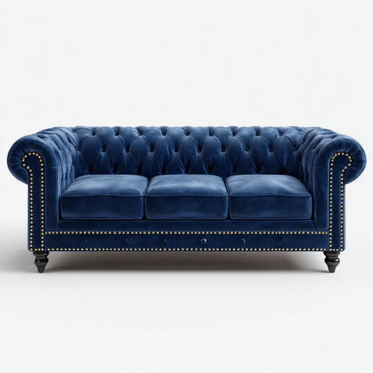 Trzyosobowa sofa Chesterfield z aksamitu, granatowa, 210 x 90 x 78 cm