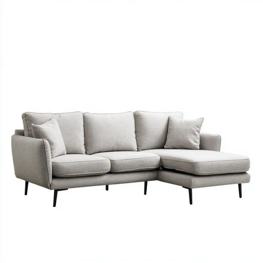 Szara sofa narożna z szezlongiem prawostronnym w kształcie L, tapicerowana tkaniną poliestrową, 250 × 160 × 85 cm