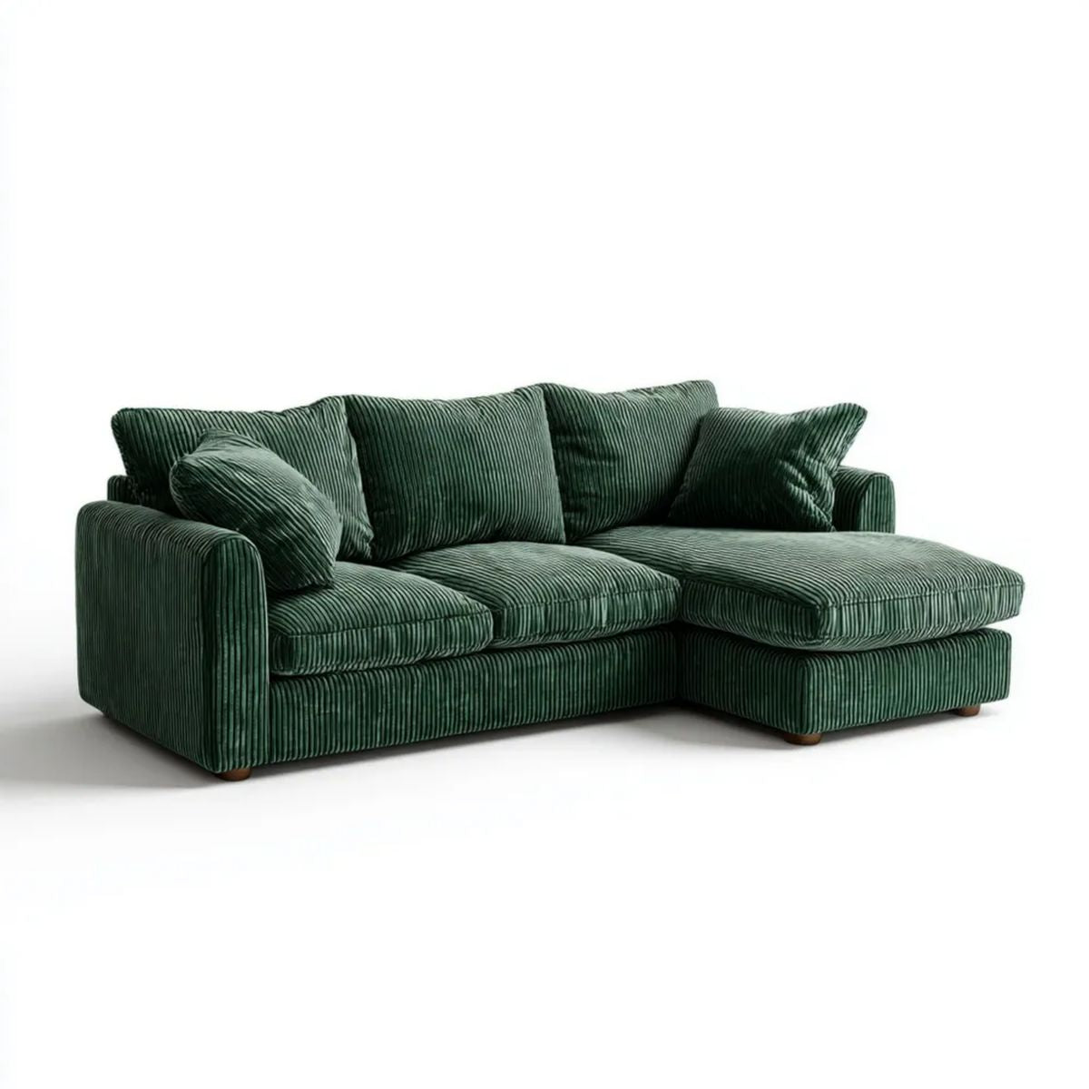 Ciemnozielona sofa narożna w kształcie L z prawostronnym szezlongiem, sztruksowa, 220 x 145 x 85 cm