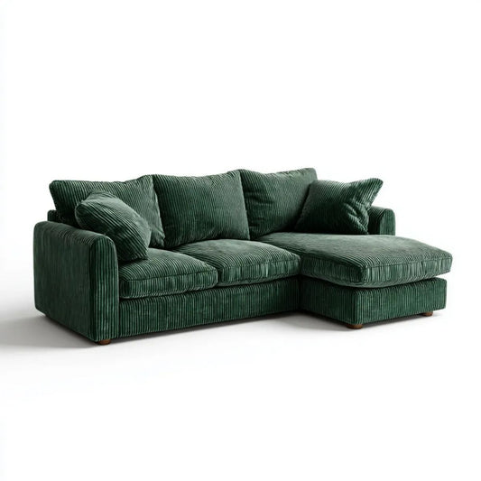 Ciemnozielona sofa narożna w kształcie L z prawostronnym szezlongiem, sztruksowa, 220 x 145 x 85 cm