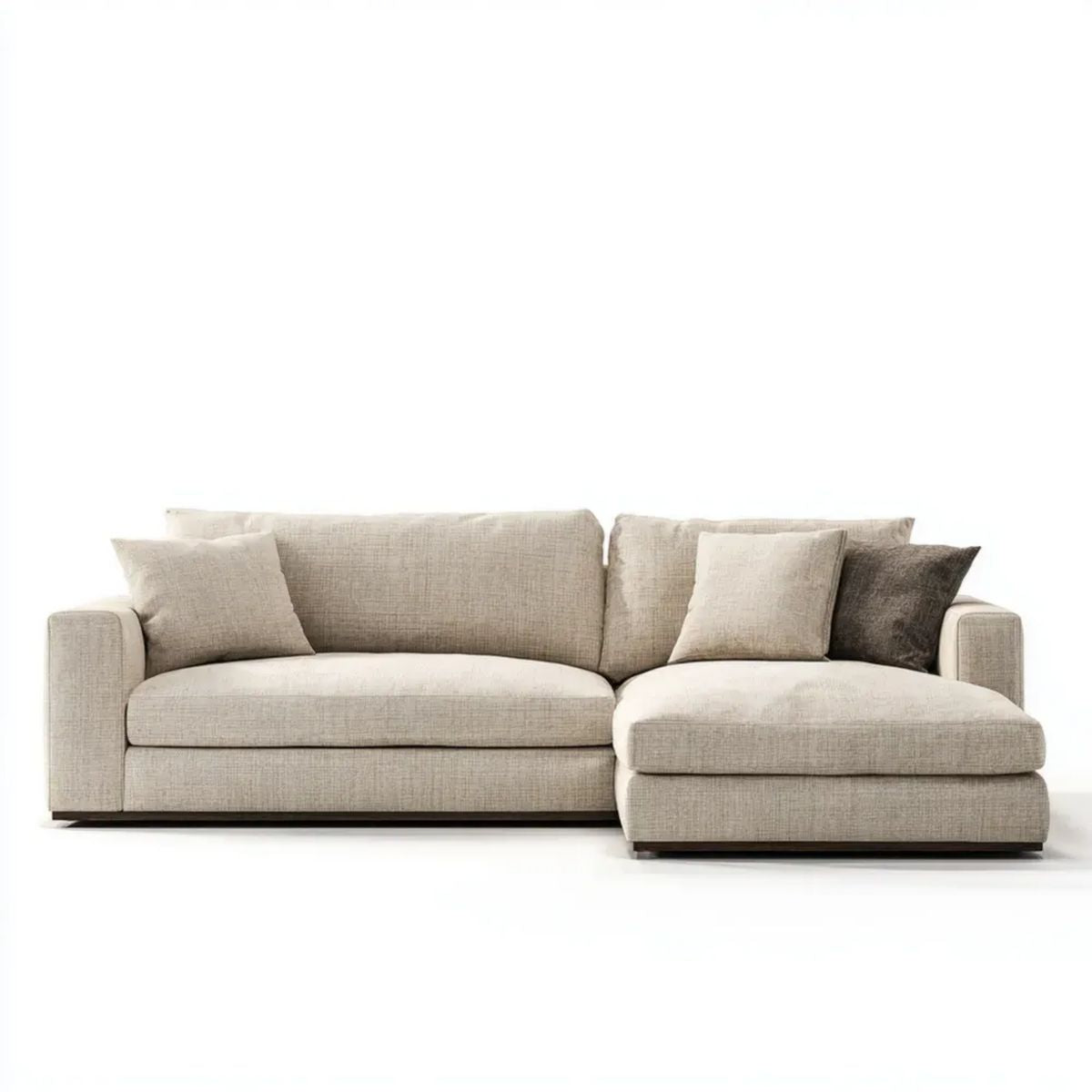 Beżowa sofa narożna w kształcie L z prawostronnym szezlongiem, tapicerka poliestrowa, 280 x 165 x 85 cm