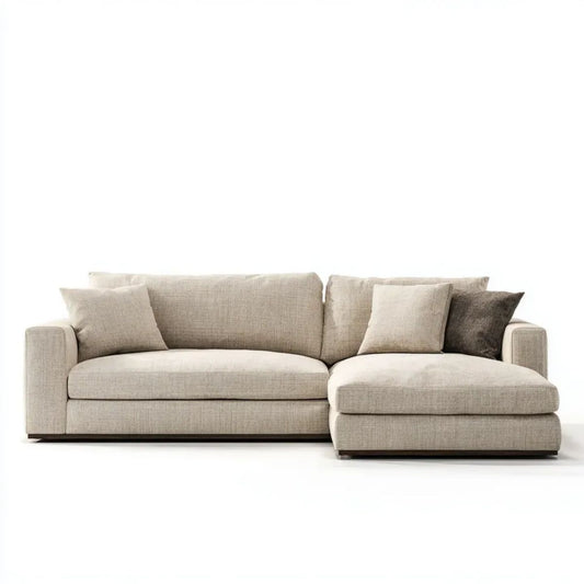 Beżowa sofa narożna w kształcie L z prawostronnym szezlongiem, tapicerka poliestrowa, 280 x 165 x 85 cm