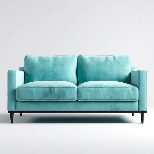 Turkusowa sofa dwuosobowa z tapicerką poliestrową i czarnymi metalowymi nóżkami, 160 × 85 × 85 cm