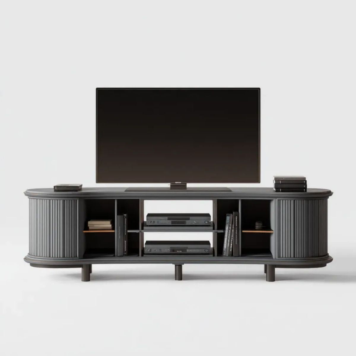 Czarna owalna szafka RTV z płyty MDF 180 × 40 × 55 cm