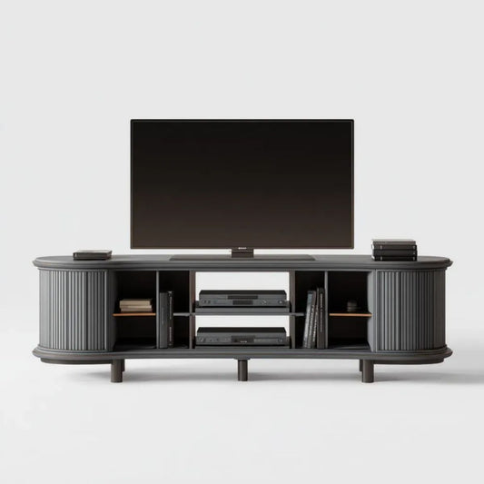 Czarna owalna szafka RTV z płyty MDF 180 × 40 × 55 cm