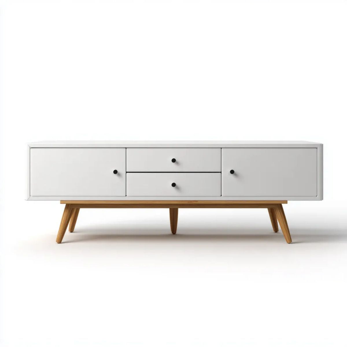 Biała szafka RTV z płyty MDF i drewna kauczukowego 160 × 40 × 60 cm